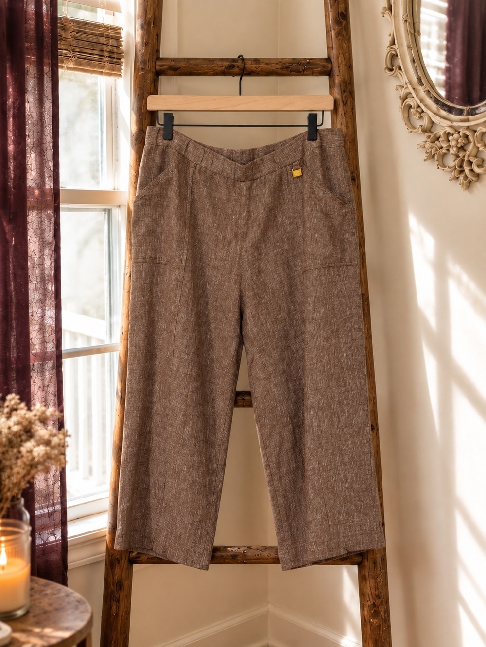 Brown Linen Blend Pants Wide Leg Cropped Pull On Textured Minimalist